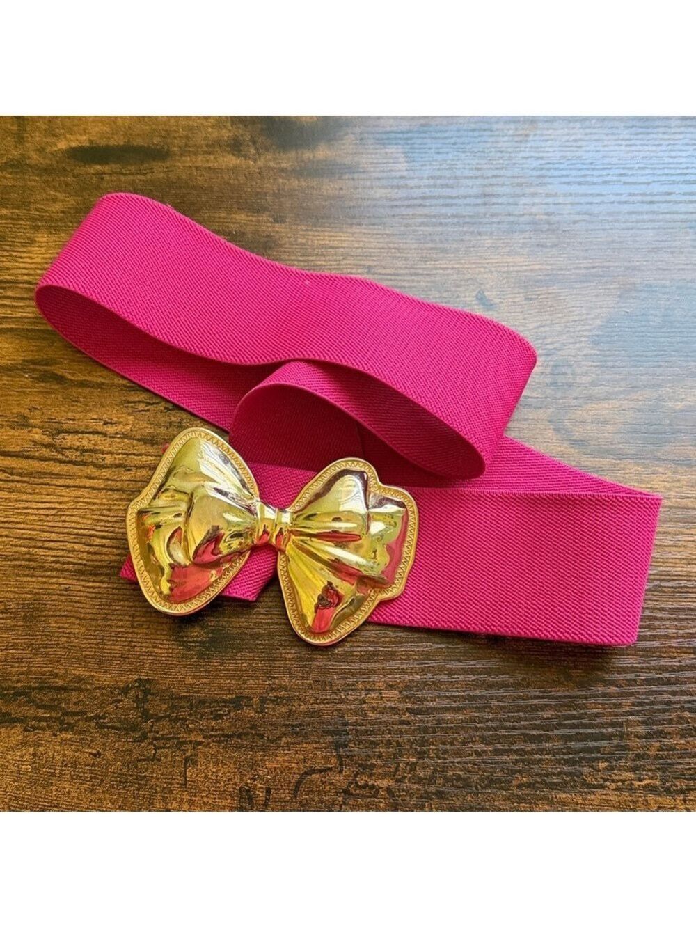 Vintage Stretchy Bright Pink Belt with Gold Brass Bow Buckle cottagecore